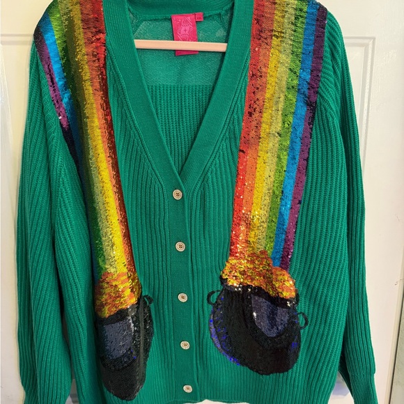 QUEEN OF SPARKLES Emerald Sequin St. Patrick’s Day Cardigan - Picture 1 of 3